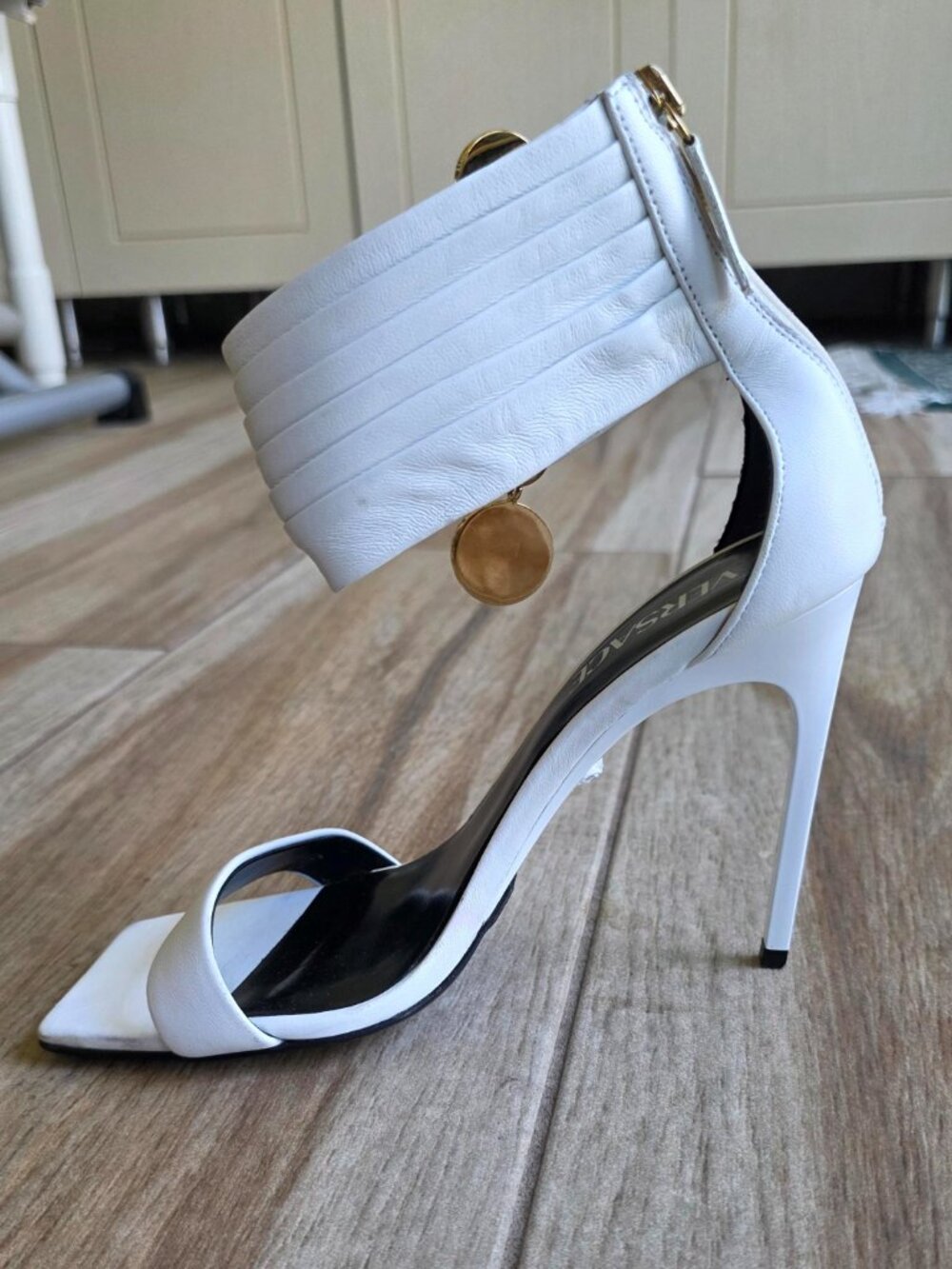 Versace White Safety Pin Leather Strap  Stilettos Shoes Eur. 37.5